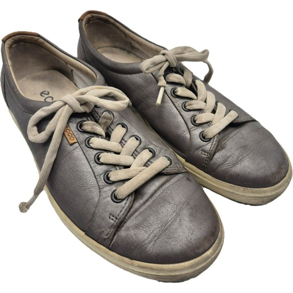 Ecco Soft 7 Lace-Up Sneakers Gunmetal Metallic Gray Leather Men's 7 Extra Width